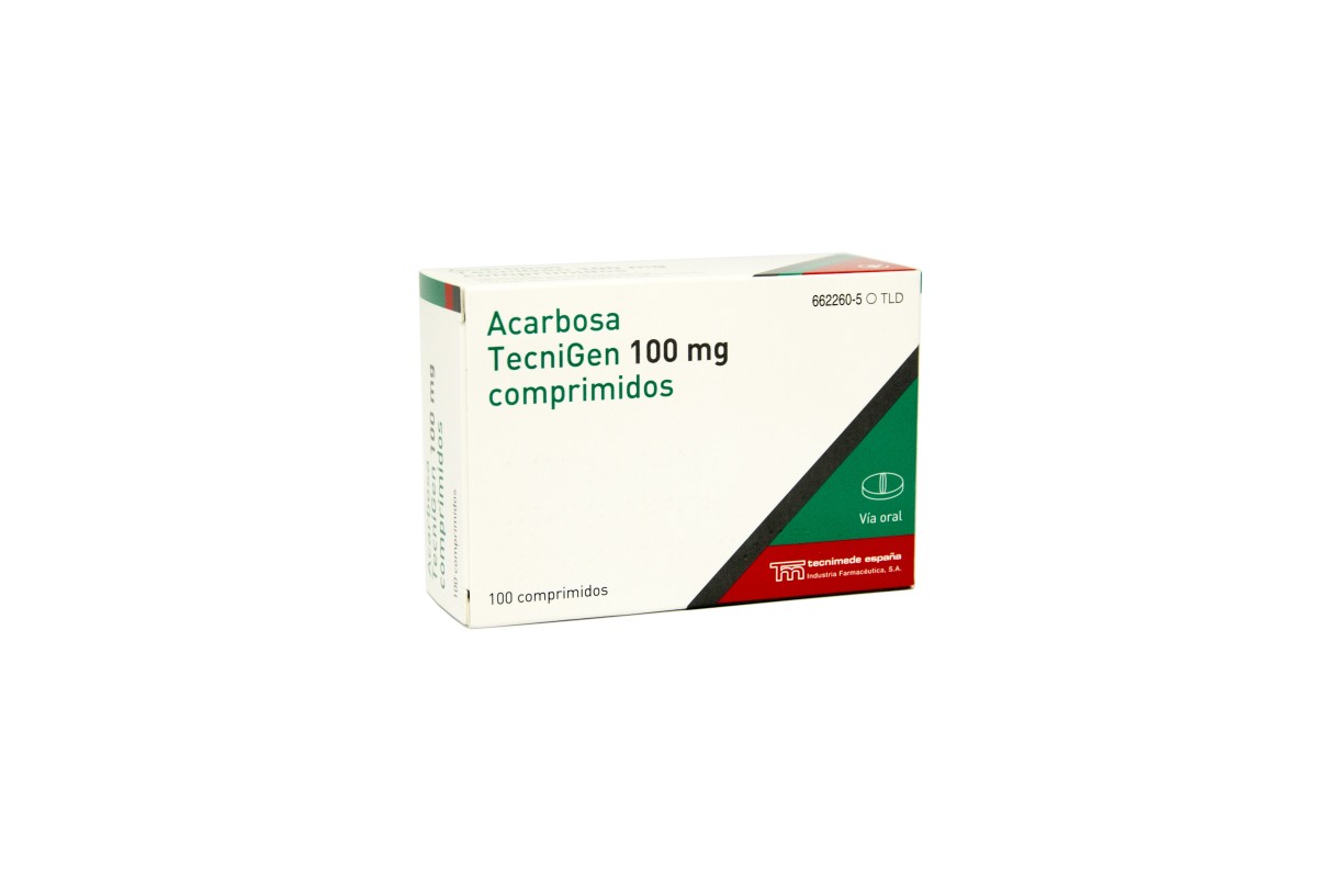 ACARBOSA TECNIGEN 100 mg COMPRIMIDOS, 100 comprimidos fotografía del envase.