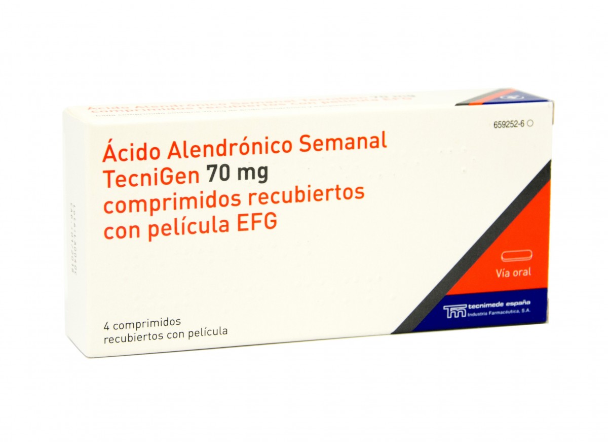 ACIDO ALENDRONICO SEMANAL TECNIGEN 70 mg COMPRIMIDOS RECUBIERTOS CON PELICULA EFG, 4 comprimidos fotografía del envase.