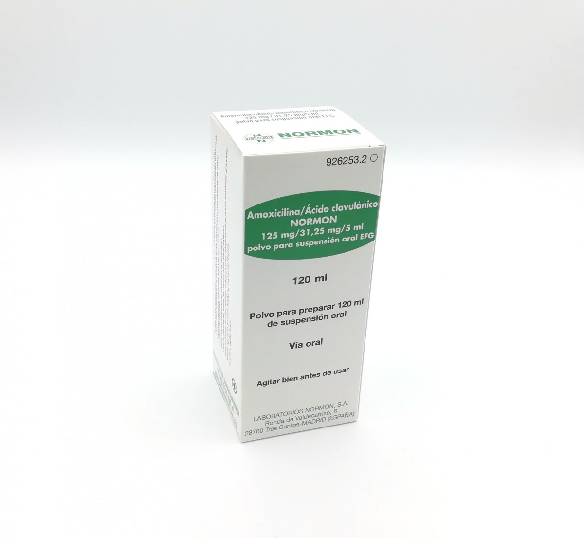AMOXICILINA/ACIDO CLAVULANICO NORMON 125 mg/31,25 mg/5 ml POLVO PARA SUSPENSION ORAL EFG, 1 frasco de 60 ml fotografía del envase.