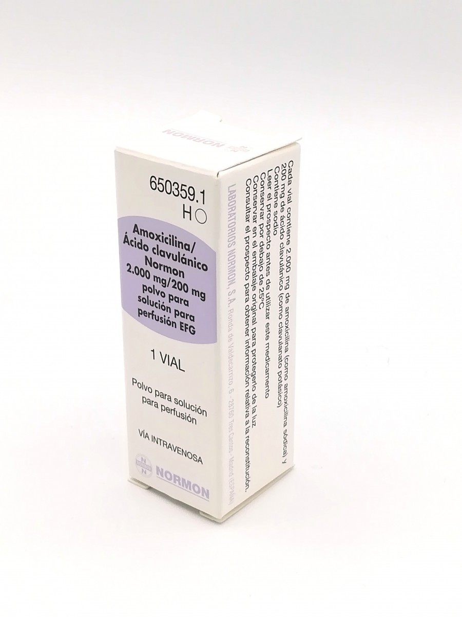 AMOXICILINA/ACIDO CLAVULANICO NORMON 2000 mg/200 mg POLVO PARA SOLUCION PARA PERFUSION EFG, 50 viales fotografía del envase.