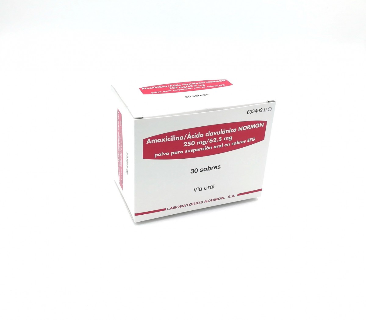 AMOXICILINA/ACIDO CLAVULANICO NORMON 250 mg/62,5 mg  POLVO PARA SUSPENSION ORAL EN SOBRES EFG, 30 sobres fotografía del envase.
