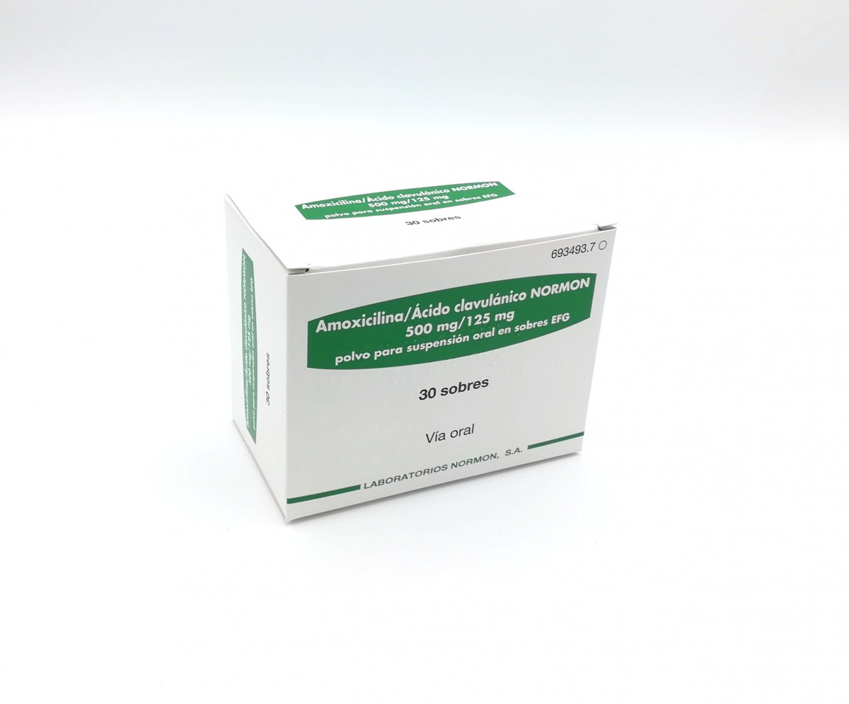 AMOXICILINA/ACIDO CLAVULANICO NORMON 500 mg/125 mg POLVO PARA SUSPENSION ORAL EN SOBRES EFG, 30 sobres fotografía del envase.