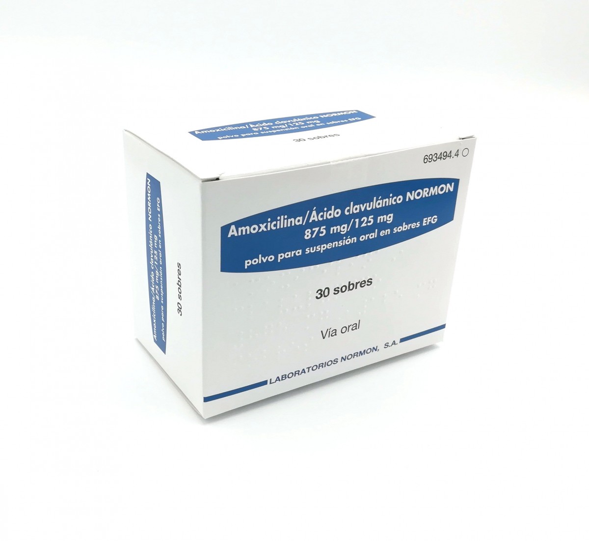 AMOXICILINA/ACIDO CLAVULANICO NORMON 875 mg/125 mg POLVO PARA SUSPENSION ORAL EN SOBRES EFG , 24 sobres fotografía del envase.