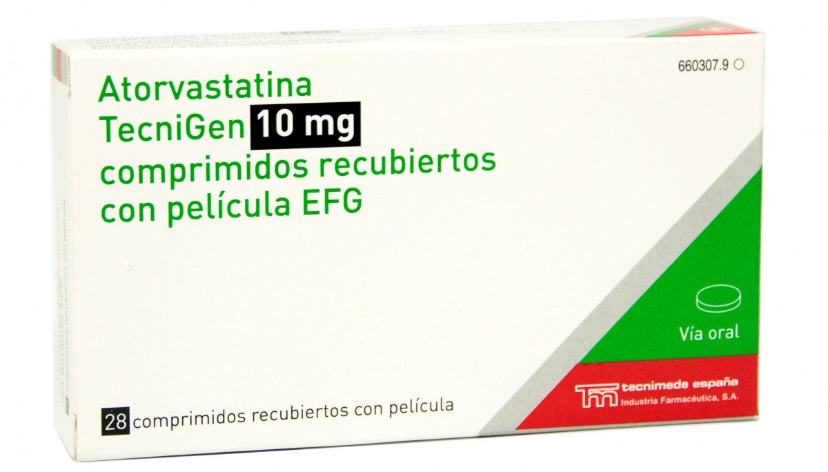 ATORVASTATINA TECNIGEN 10 mg COMPRIMIDOS RECUBIERTOS CON PELICULA EFG , 28 comprimidos fotografía del envase.