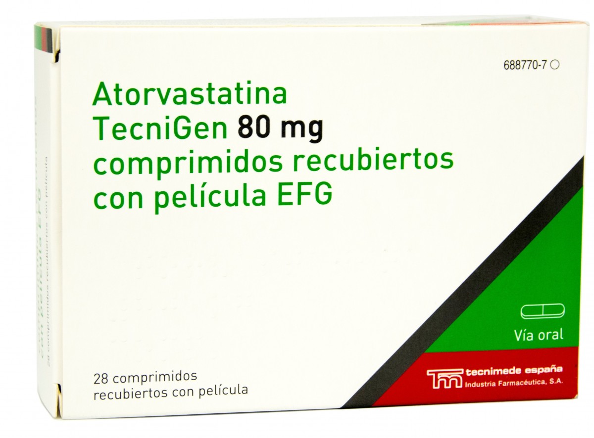 ATORVASTATINA TECNIGEN 80 mg COMPRIMIDOS RECUBIERTOS CON PELICULA EFG, 28 comprimidos fotografía del envase.