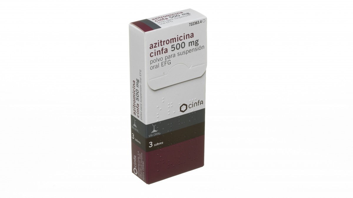 AZITROMICINA CINFA 500 mg POLVO PARA SUSPENSION ORAL EFG, 3 sobres fotografía del envase.
