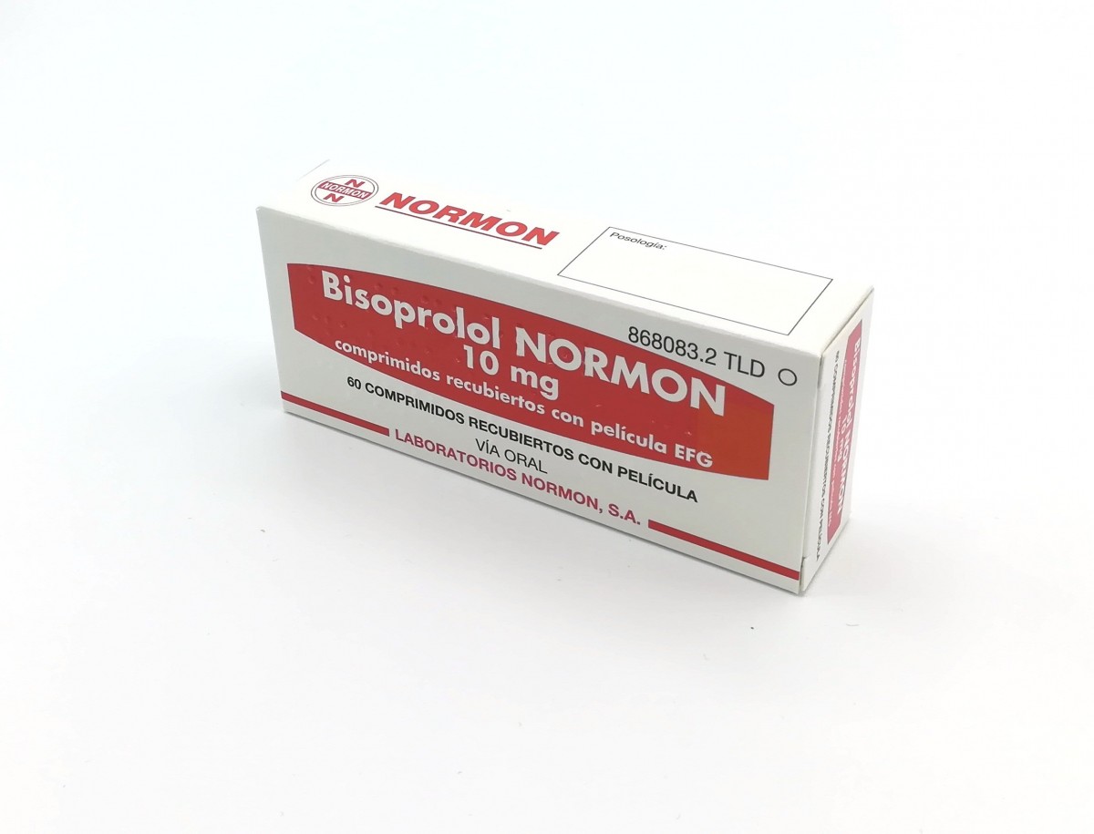 BISOPROLOL NORMON 10 mg COMPRIMIDOS RECUBIERTOS CON PELICULA EFG, 30 comprimidos fotografía del envase.