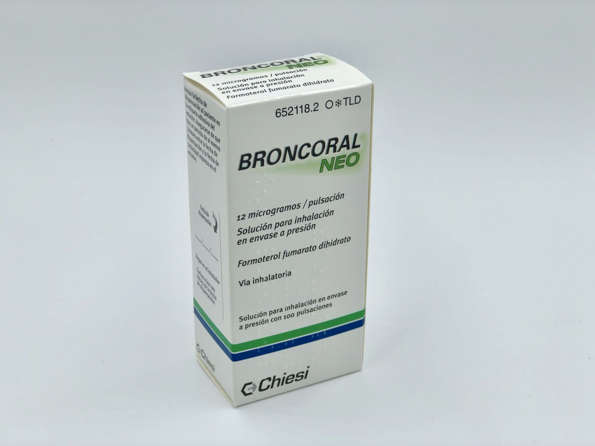 BRONCORAL NEO 12 microgramos/PULSACION SOLUCION PARA INHALACION EN ENVASE A PRESION, 1 inhalador de 50 dosis fotografía del envase.