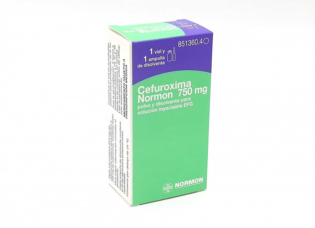 CEFUROXIMA NORMON 750 mg POLVO Y DISOLVENTE PARA SOLUCION INYECTABLE EFG , 100 viales + 100 ampollas de disolvente fotografía del envase.