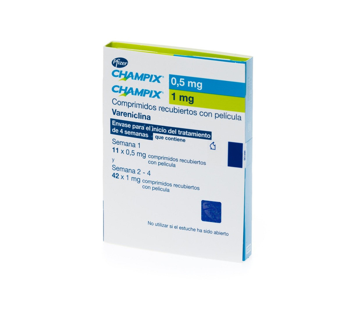 CHAMPIX 0,5, 1 mg COMPRIMIDOS RECUBIERTOS CON PELICULA, (0,5 mg) 11 comp + (1 mg) 14 comp + (1 mg) 28 comp fotografía del envase.