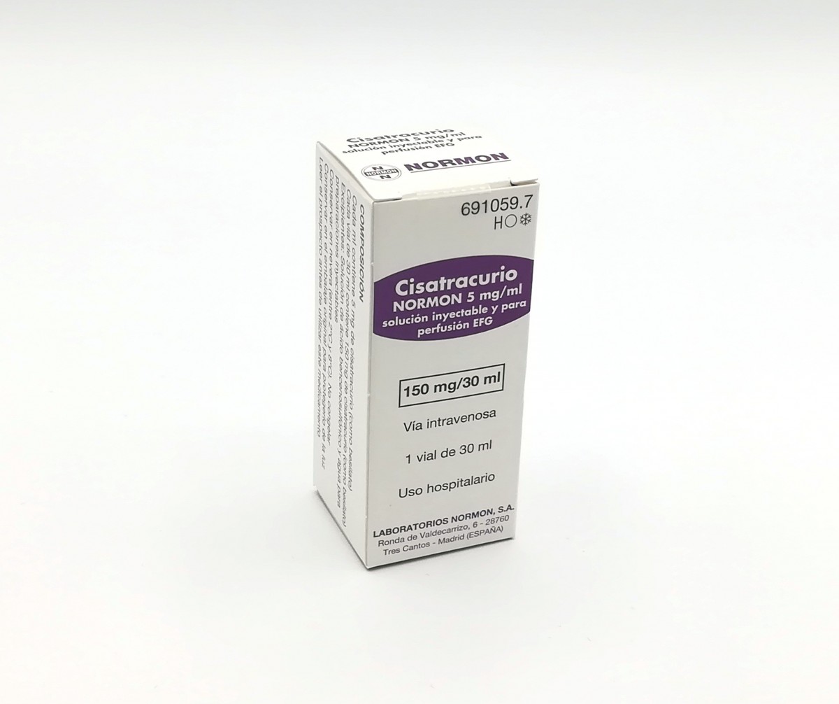 CISATRACURIO NORMON 5 mg/ml SOLUCION INYECTABLE Y PARA PERFUSION EFG, 1 vial de 30 ml fotografía del envase.