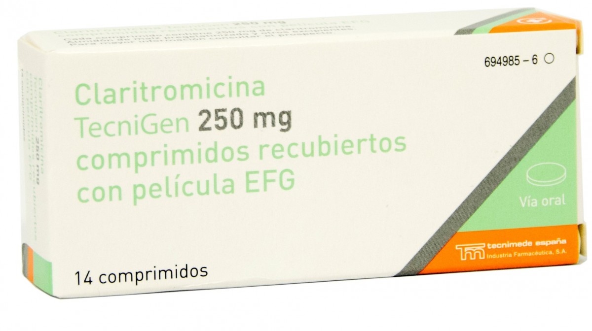 CLARITROMICINA TECNIGEN 250 mg COMPRIMIDOS RECUBIERTOS CON PELICULA EFG, 14 comprimidos fotografía del envase.