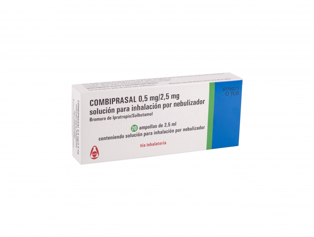 COMBIPRASAL 0.5 mg/2.5 mg SOLUCION PARA INHALACION POR NEBULIZADOR 20 ampollas de 2,5 ml fotografía del envase.