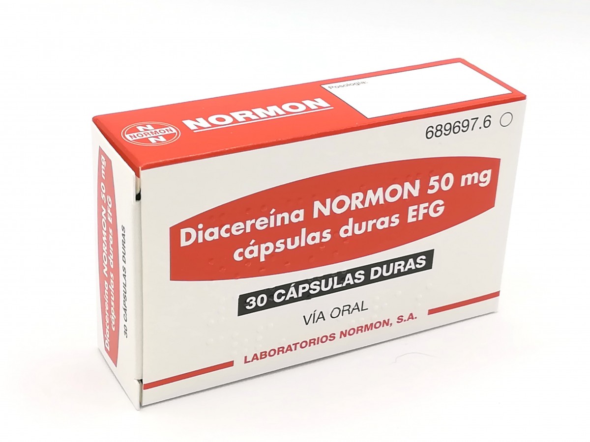 DIACEREINA NORMON 50 mg CAPSULAS DURAS EFG , 30 cápsulas fotografía del envase.
