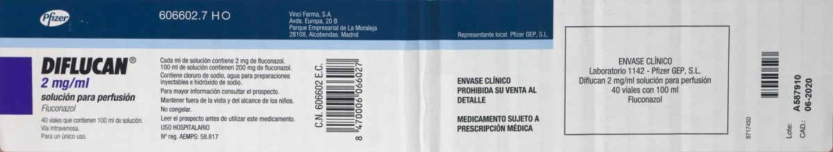 DIFLUCAN 2 mg/ml SOLUCION PARA PERFUSION ,  50 viales de 50 ml fotografía del envase.