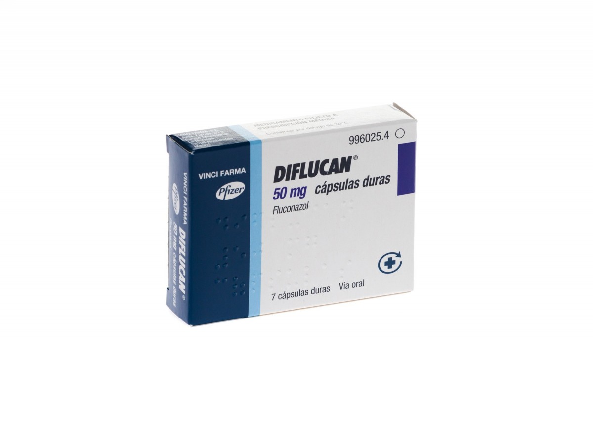 DIFLUCAN  50 mg CAPSULAS DURAS , 7 cápsulas fotografía del envase.