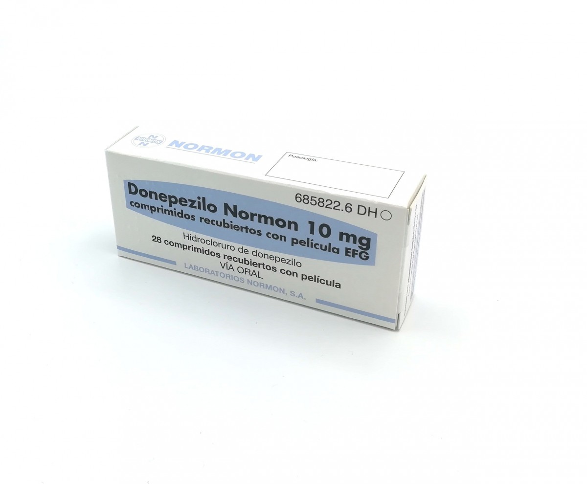 DONEPEZILO NORMON  10 mg COMPRIMIDOS RECUBIERTOS CON PELICULA EFG , 28 comprimidos fotografía del envase.