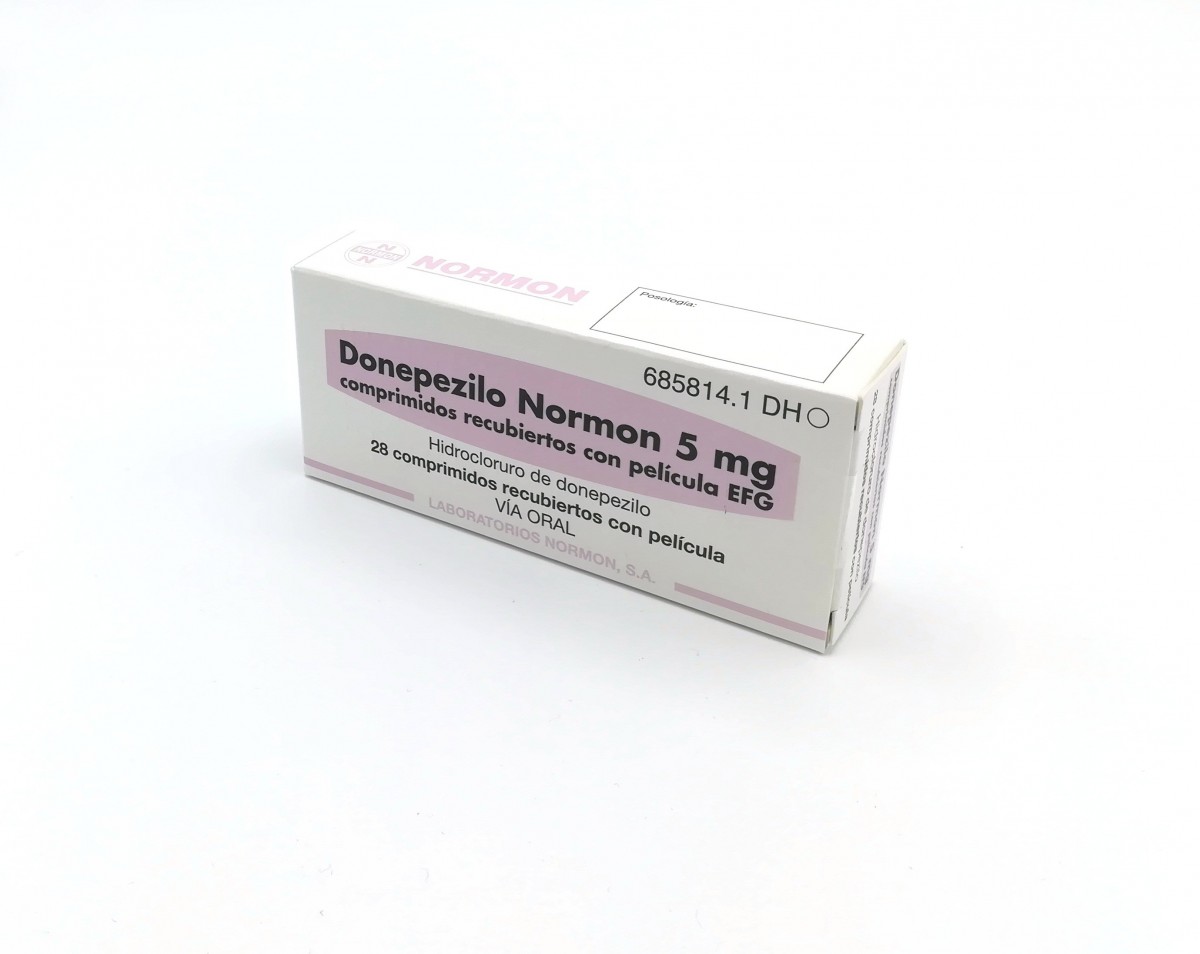 DONEPEZILO NORMON  5 mg COMPRIMIDOS RECUBIERTOS CON PELICULA EFG , 28 comprimidos fotografía del envase.