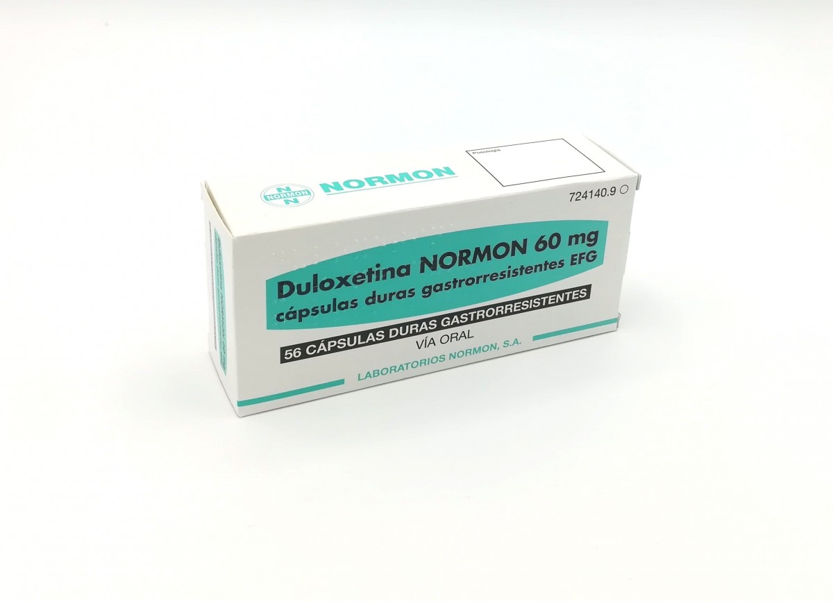 DULOXETINA NORMON 60 MG CAPSULAS DURAS GASTRORRESISTENTES EFG, 56 cápsulas (Al/Al-Poliamida-PVC) fotografía del envase.