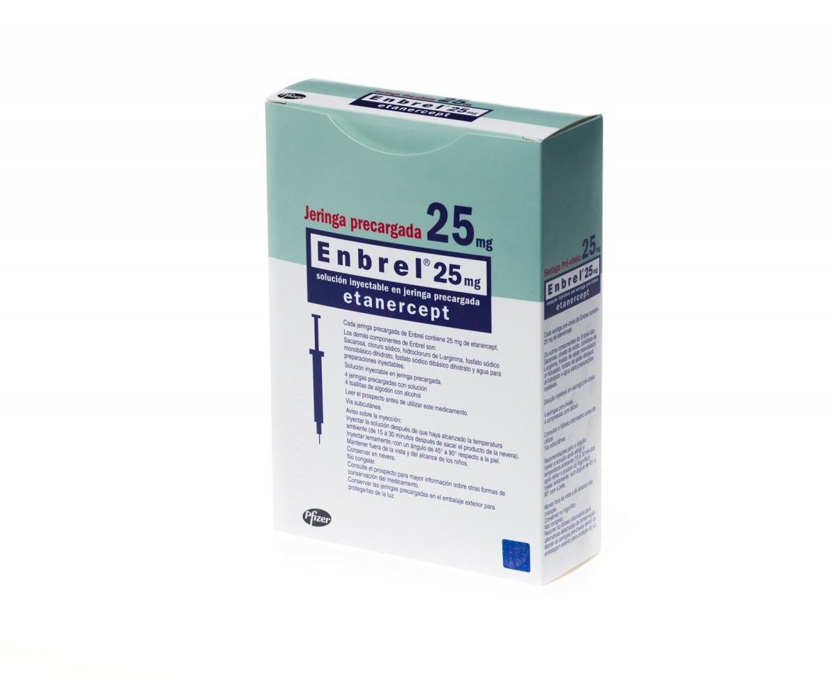 ENBREL 25 mg SOLUCION INYECTABLE EN JERINGAS PRECARGADAS, 4 jeringas precargadas de 1 ml fotografía del envase.