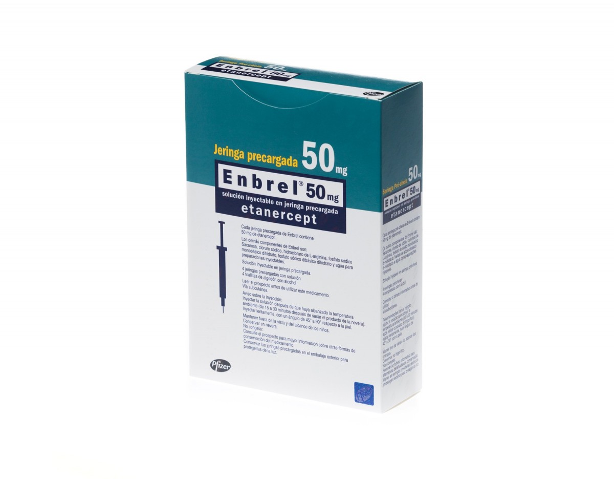 ENBREL 50 mg SOLUCION INYECTABLE EN JERINGAS PRECARGADAS, 4 jeringas precargadas de 1 ml fotografía del envase.