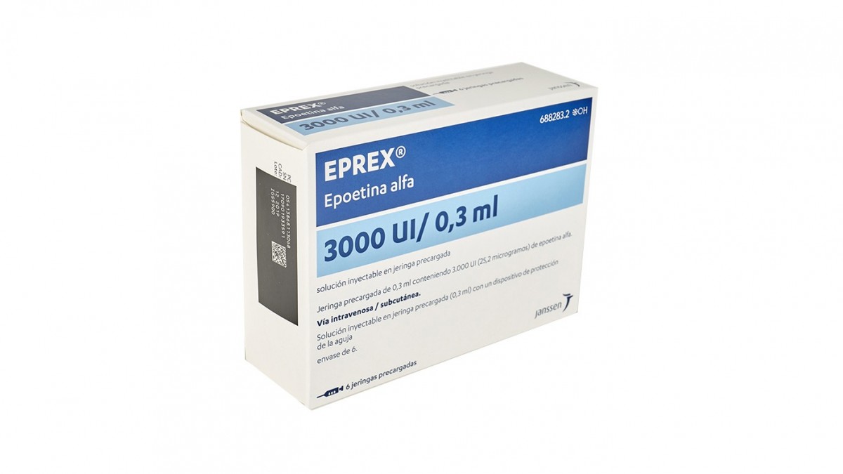 EPREX 3000 UI/0,3 ml SOLUCION INYECTABLE EN JERINGAS PRECARGADAS , 6 jeringas precargadas de 0,3 ml fotografía del envase.