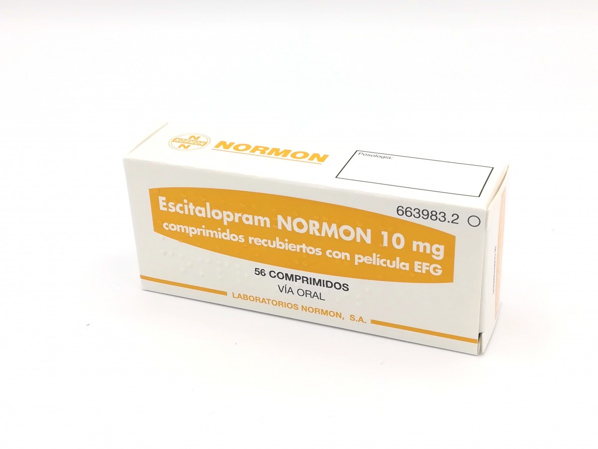 ESCITALOPRAM NORMON 10 mg COMPRIMIDOS RECUBIERTOS CON PELICULA EFG, 28 comprimidos fotografía del envase.