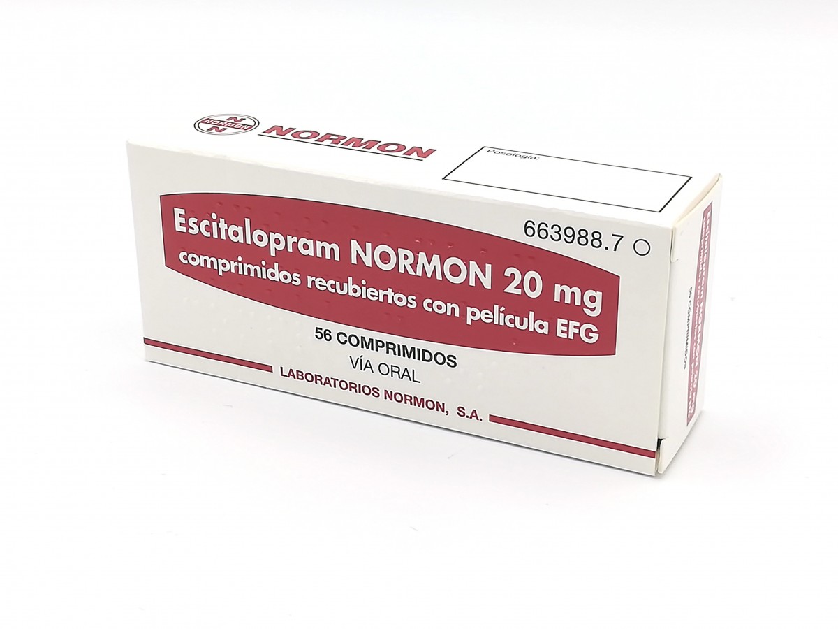 ESCITALOPRAM NORMON 20 mg COMPRIMIDOS RECUBIERTOS CON PELICULA EFG, 28 comprimidos fotografía del envase.