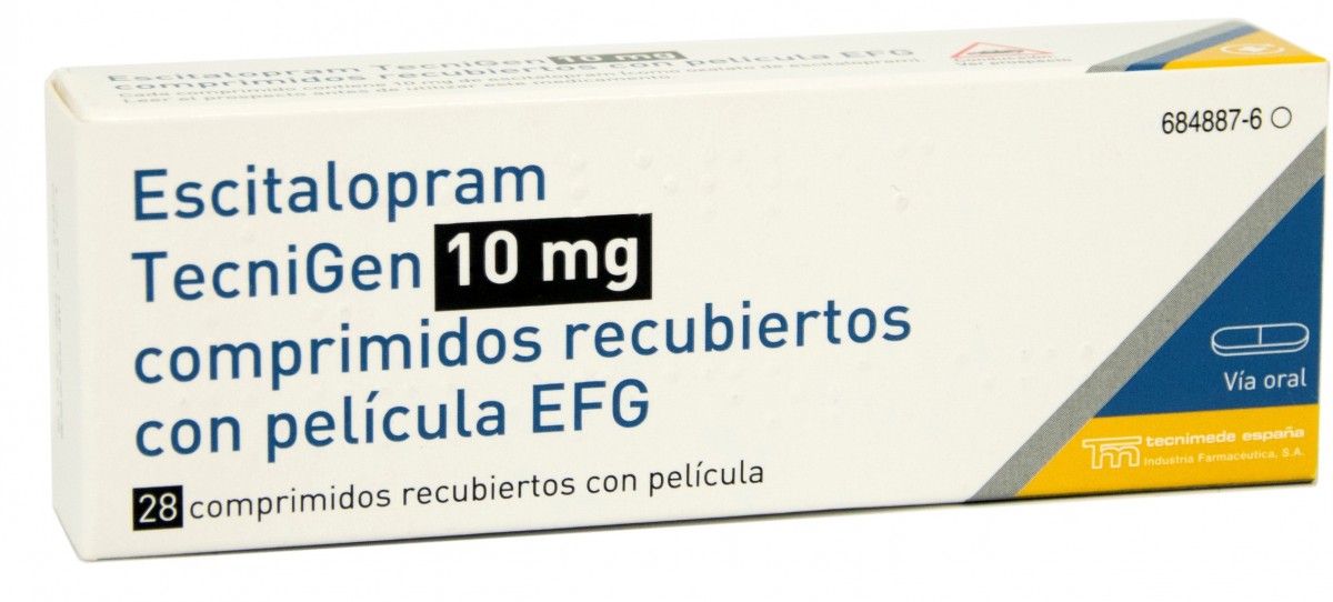 ESCITALOPRAM TECNIGEN  10 mg COMPRIMIDOS RECUBIERTOS CON PELICULA EFG , 56 comprimidos fotografía del envase.