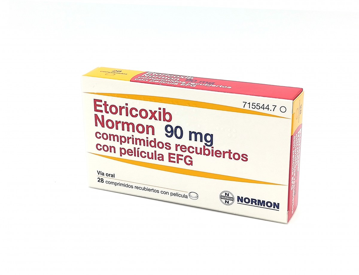 ETORICOXIB NORMON 90 MG COMPRIMIDOS RECUBIERTOS CON PELICULA EFG, 28 comprimidos (Blister Al-Al/PA/PVC) fotografía del envase.