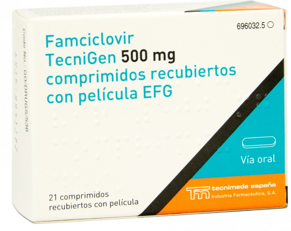 FAMCICLOVIR TECNIGEN 500 MG COMPRIMIDOS RECUBIERTOS CON PELICULA EFG, 21 comprimidos fotografía del envase.