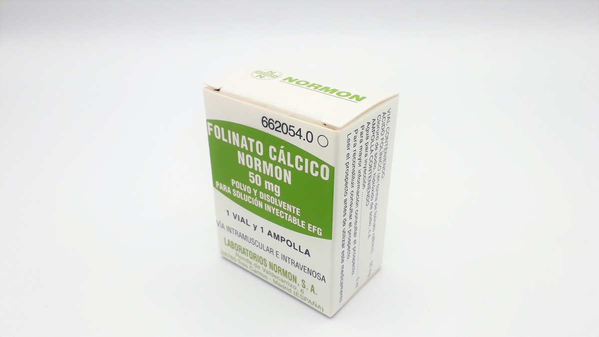 FOLINATO CALCICO NORMON 50 mg POLVO Y DISOLVENTE PARA SOLUCION INYECTABLE EFG, 1 vial + 1 ampolla de disolvente fotografía del envase.