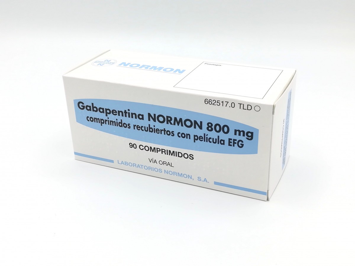 GABAPENTINA NORMON 800 mg COMPRIMIDOS RECUBIERTOS CON PELICULA EFG , 90 comprimidos fotografía del envase.
