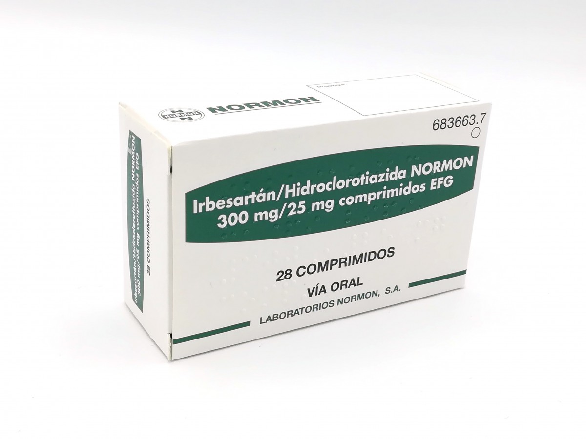 IRBESARTAN/HIDROCLOROTIAZIDA NORMON 300 mg/25 mg COMPRIMIDOS EFG, 28 comprimidos fotografía del envase.