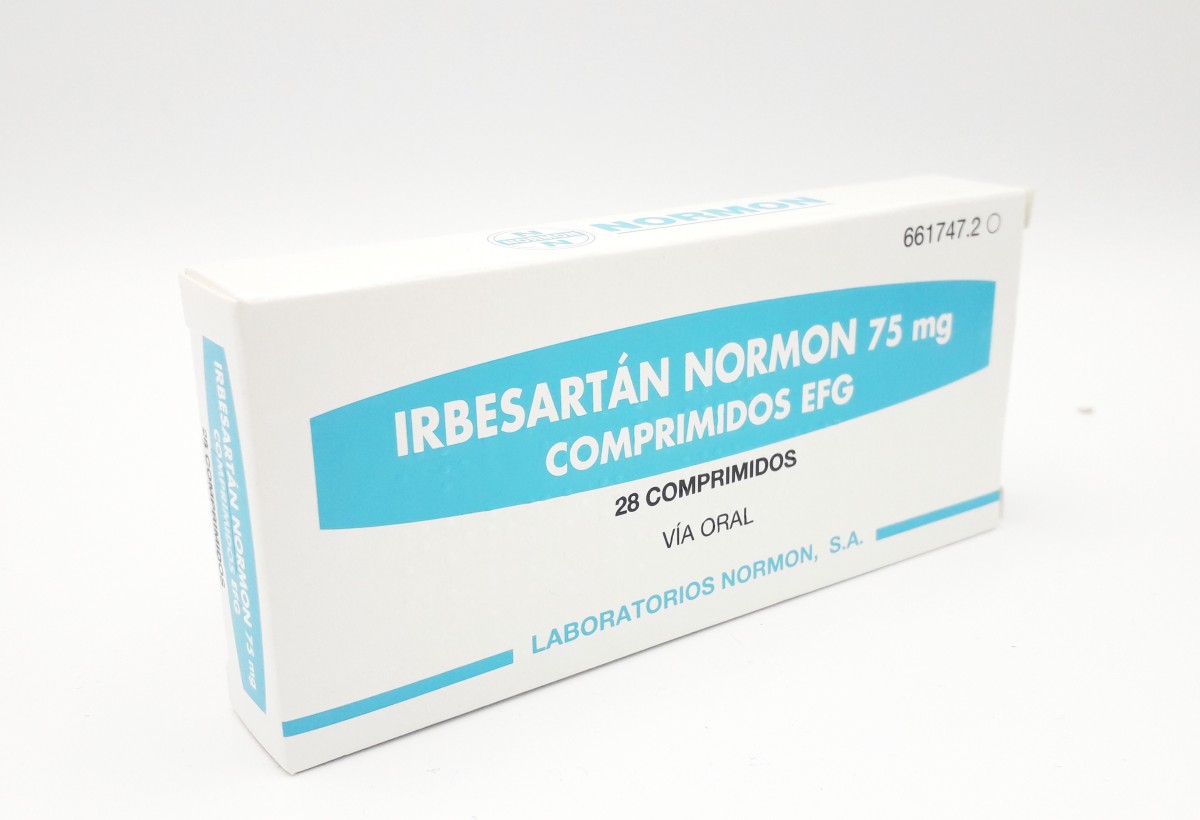 IRBESARTAN NORMON 75 mg COMPRIMIDOS EFG, 28 comprimidos fotografía del envase.