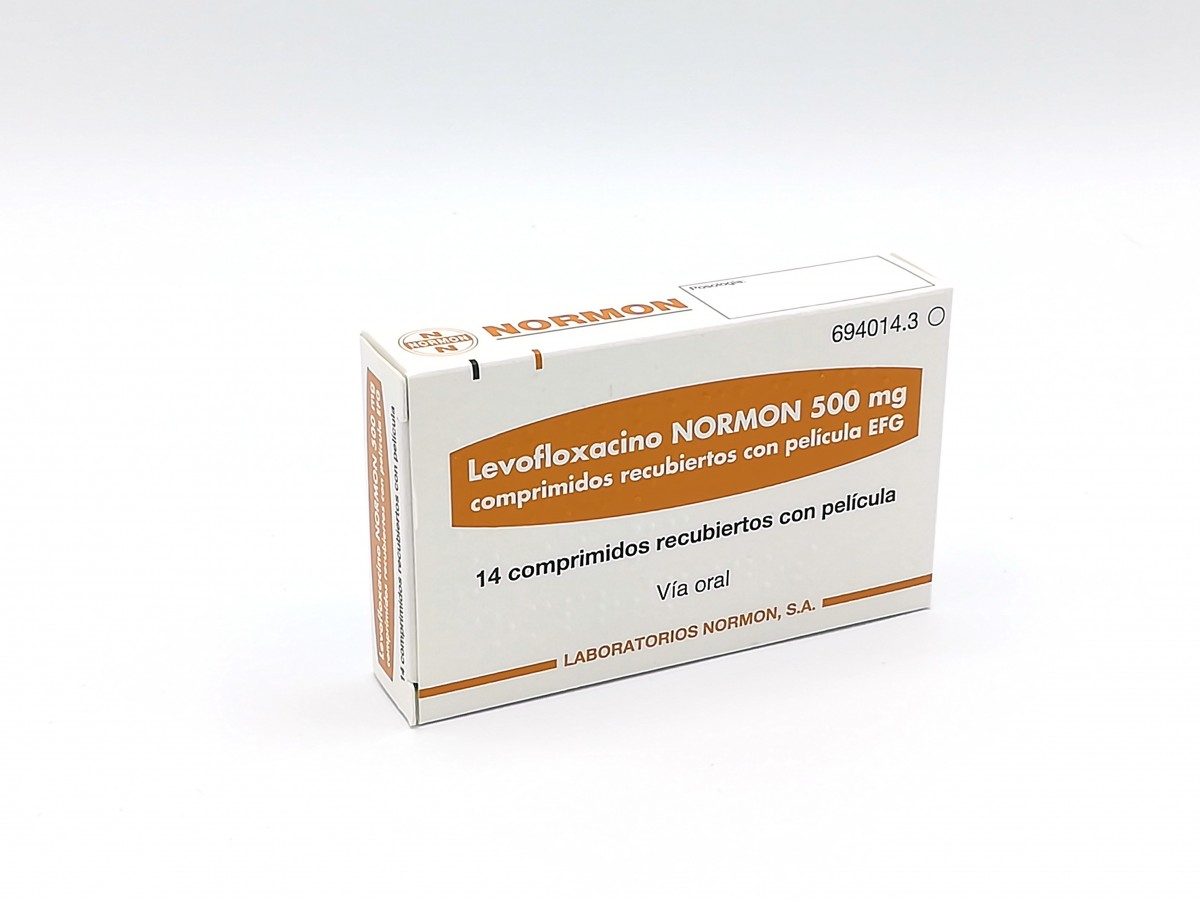 LEVOFLOXACINO NORMON 500 mg COMPRIMIDOS RECUBIERTOS CON PELICULA EFG, 200 comprimidos fotografía del envase.