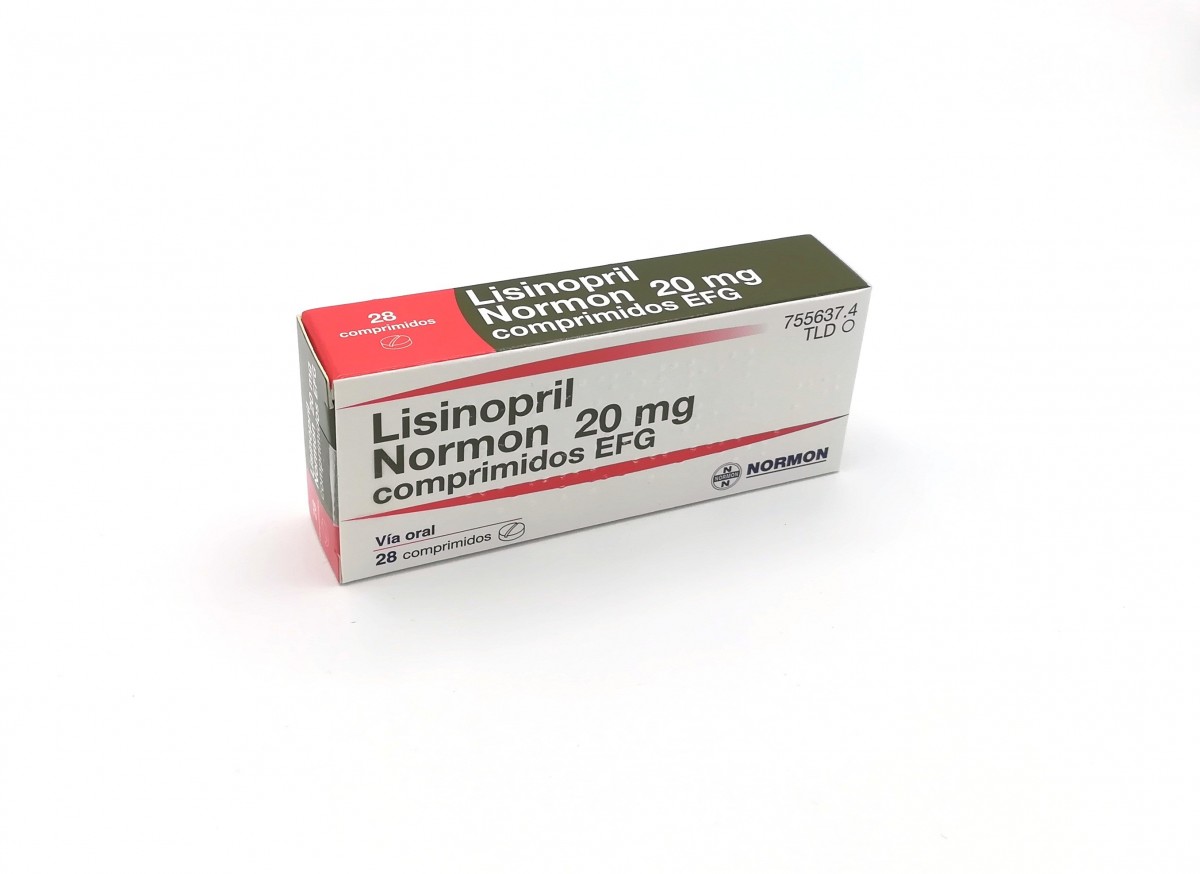 LISINOPRIL NORMON 20 mg COMPRIMIDOS EFG, 28 comprimidos fotografía del envase.
