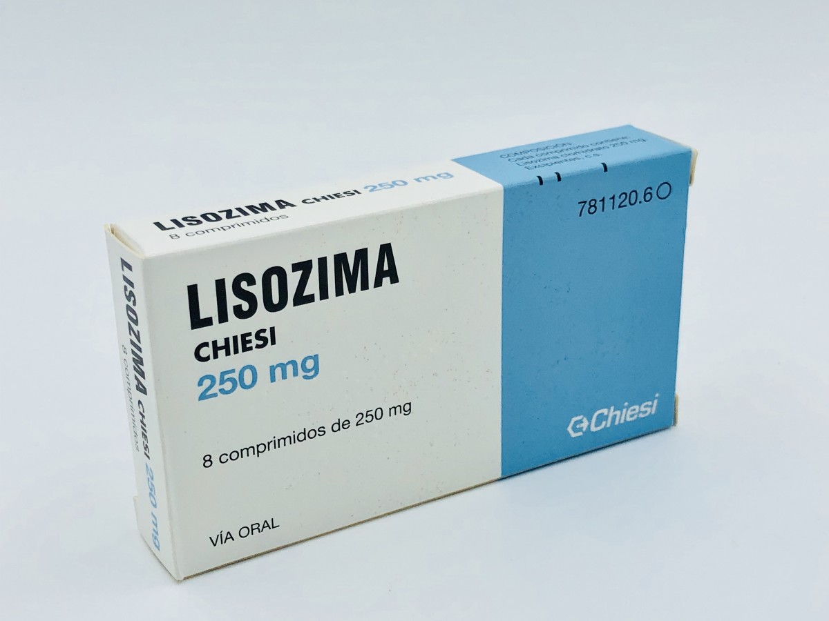 LISOZIMA CHIESI 250 mg COMPRIMIDOS , 8 comprimidos fotografía del envase.