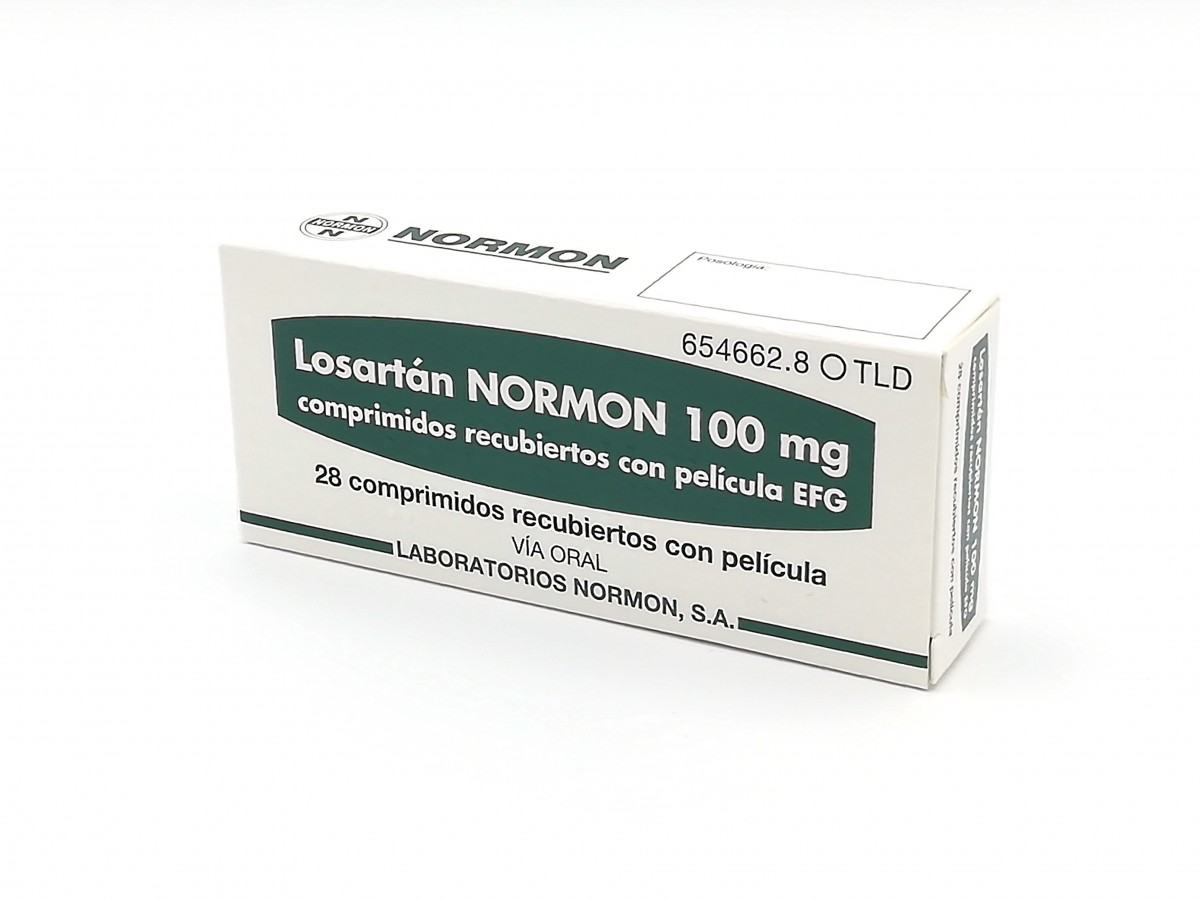 LOSARTAN NORMON 100 mg COMPRIMIDOS RECUBIERTOS CON PELICULA EFG, 28 comprimidos fotografía del envase.