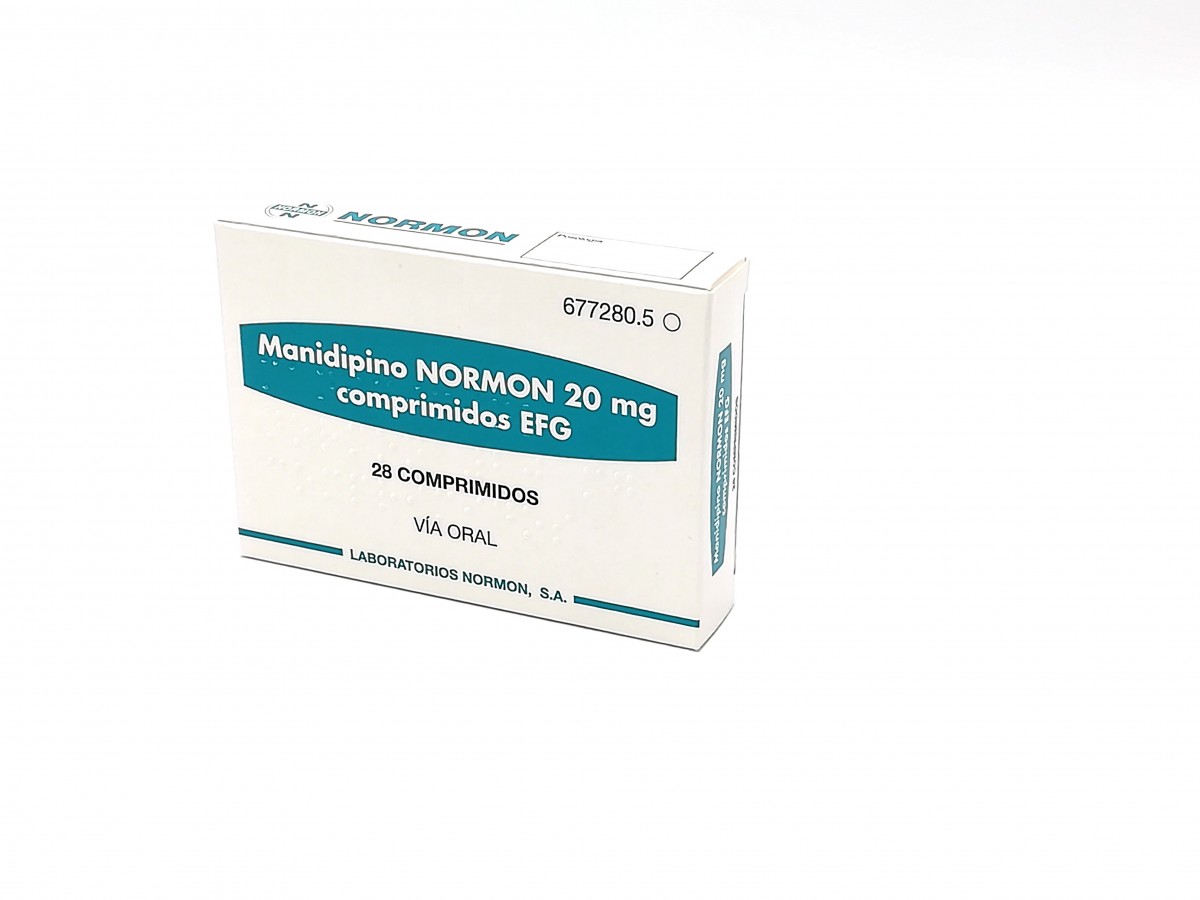 MANIDIPINO NORMON 20 mg COMPRIMIDOS EFG, 28 comprimidos fotografía del envase.