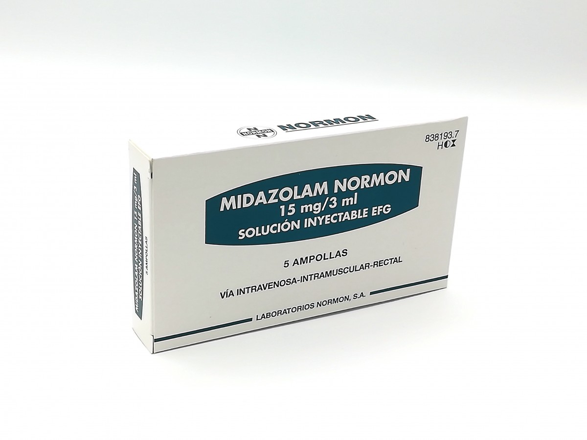 MIDAZOLAM NORMON 5 MG/ML SOLUCIÓN INYECTABLE Y PARA PERFUSIÓN EFG, 5 ampollas de 3 ml fotografía del envase.