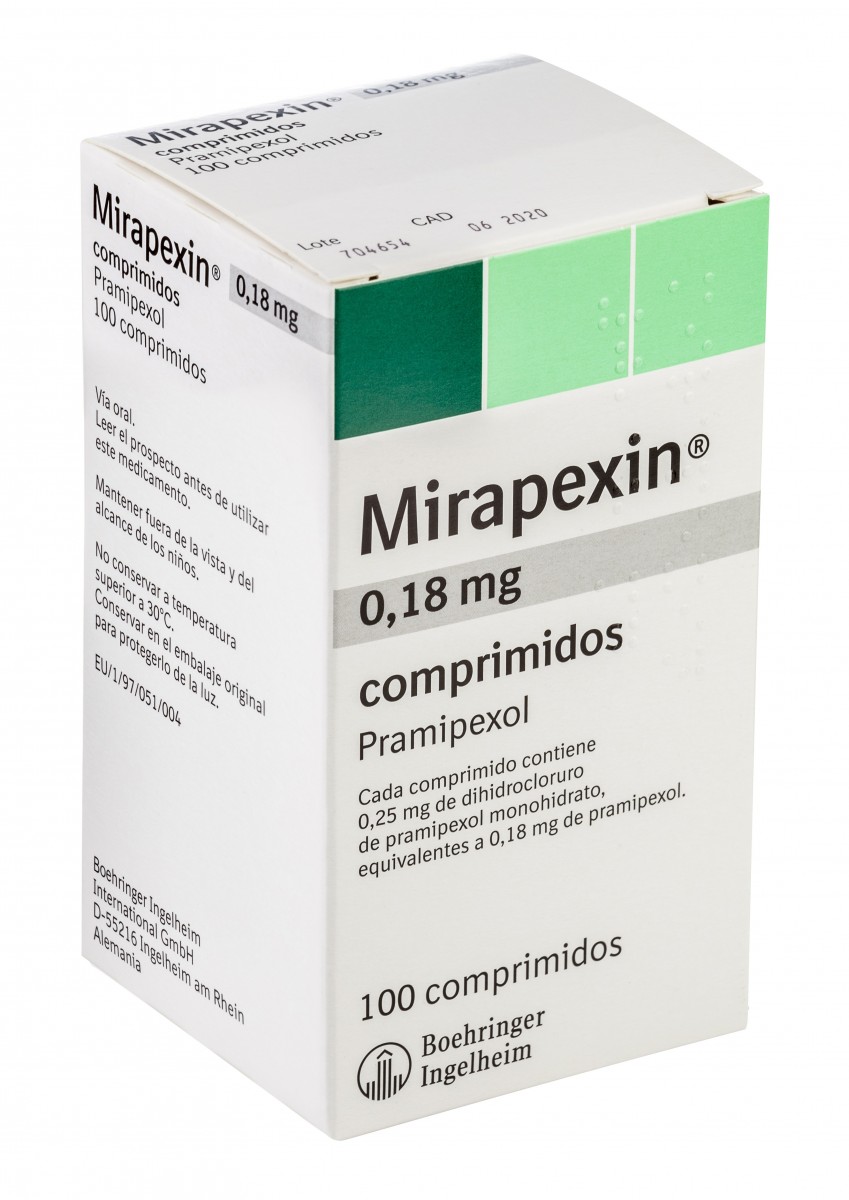 MIRAPEXIN 0,18 mg COMPRIMIDOS, 100 comprimidos fotografía del envase.