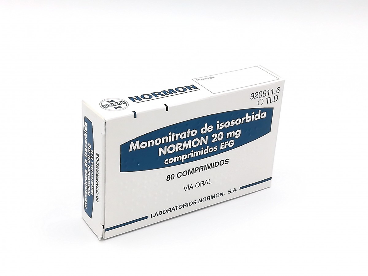 MONONITRATO DE ISOSORBIDA NORMON 20 mg COMPRIMIDOS EFG, 40 comprimidos fotografía del envase.