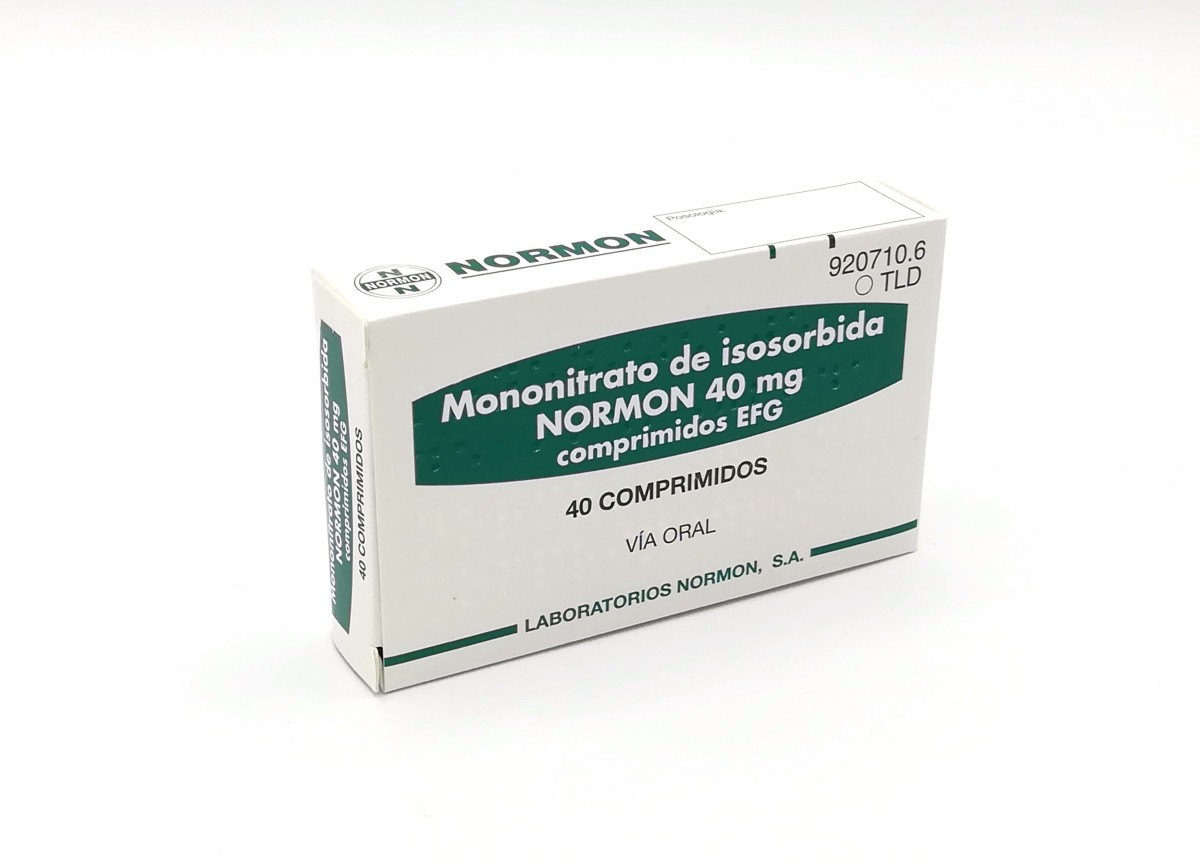 MONONITRATO DE ISOSORBIDA NORMON 40 mg COMPRIMIDOS EFG, 20 comprimidos fotografía del envase.