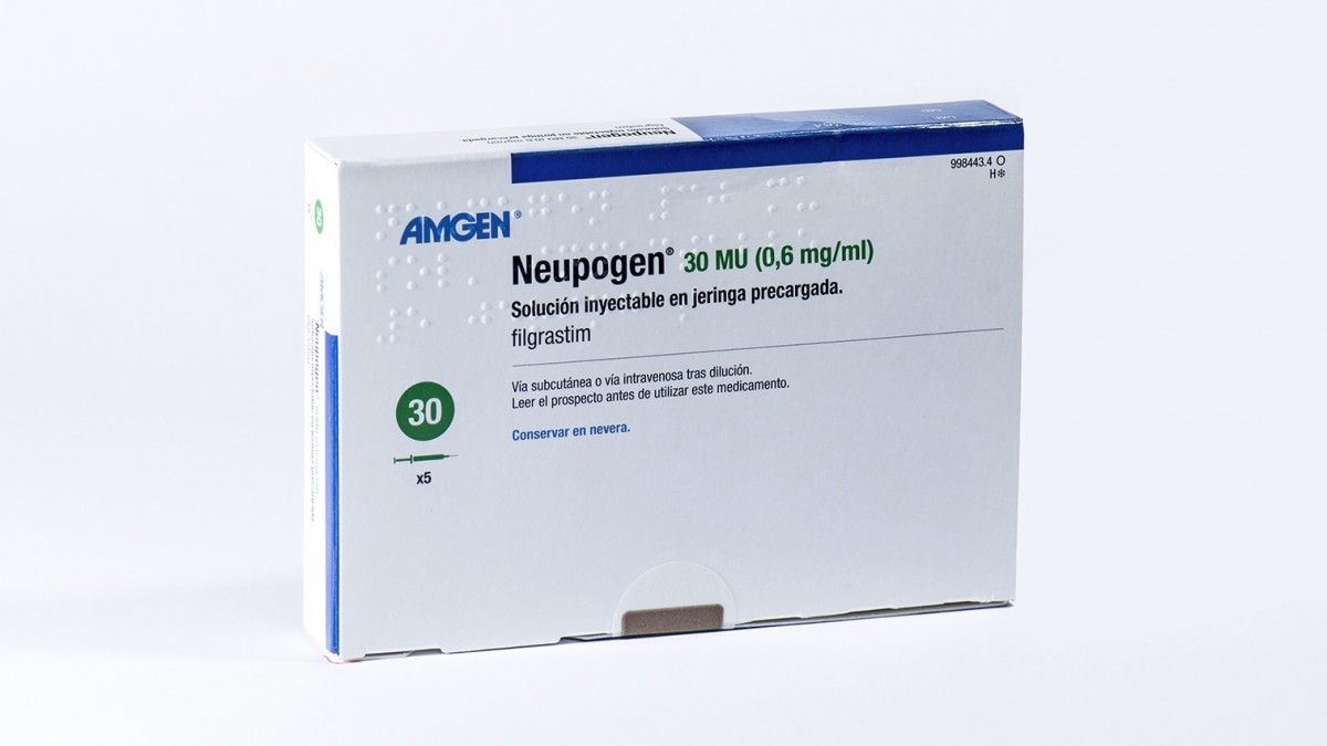 NEUPOGEN 30 MU (0,6 mg/ml) SOLUCION INYECTABLE EN JERINGA PRECARGADA , 5 jeringas precargadas de 0,5 ml fotografía del envase.