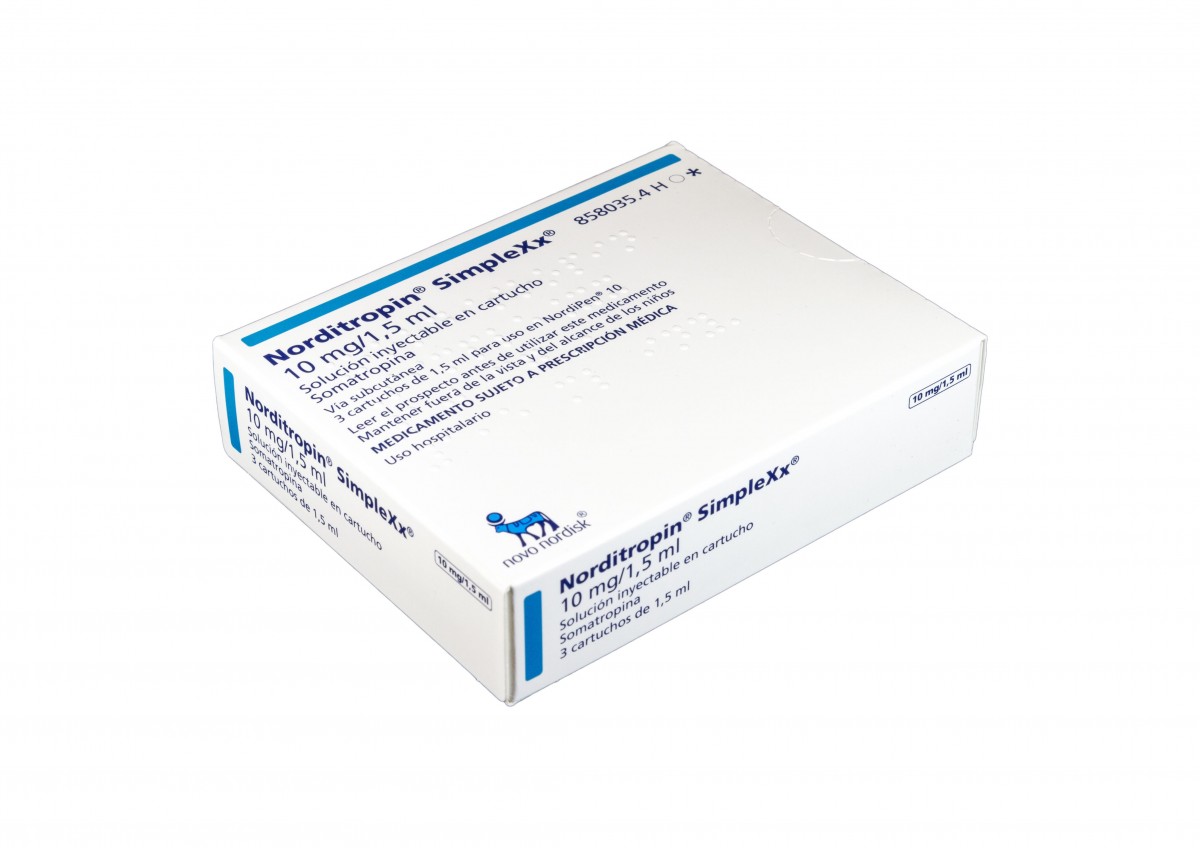 NORDITROPIN SIMPLEXX 10 mg/1.5 ml SOLUCION INYECTABLE, 3 cartuchos de 1,5 ml fotografía del envase.