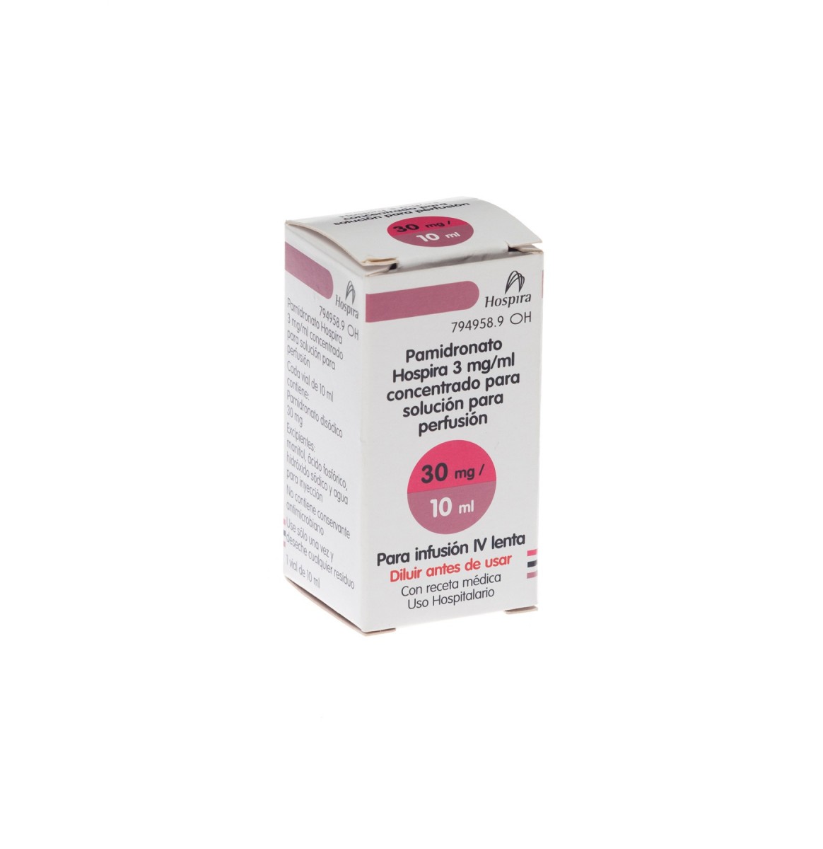 PAMIDRONATO HOSPIRA 3 mg/ml CONCENTRADO PARA SOLUCION PARA PERFUSION , 1 vial de 10 ml fotografía del envase.