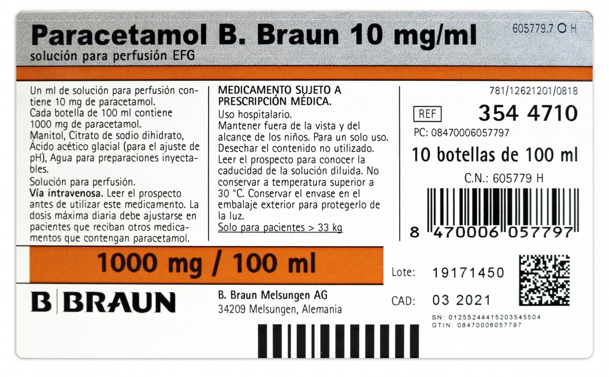 PARACETAMOL B.BRAUN 10 mg/ml SOLUCION PARA PERFUSION EFG , 10 frascos de 50 ml fotografía del envase.