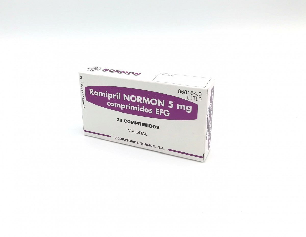 RAMIPRIL NORMON 5 mg COMPRIMIDOS EFG, 28 comprimidos fotografía del envase.