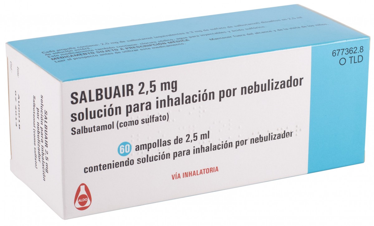 SALBUAIR 2.5 mg SOLUCION PARA INHALACION POR NEBULIZADOR , 60 ampollas de 2,5 ml fotografía del envase.